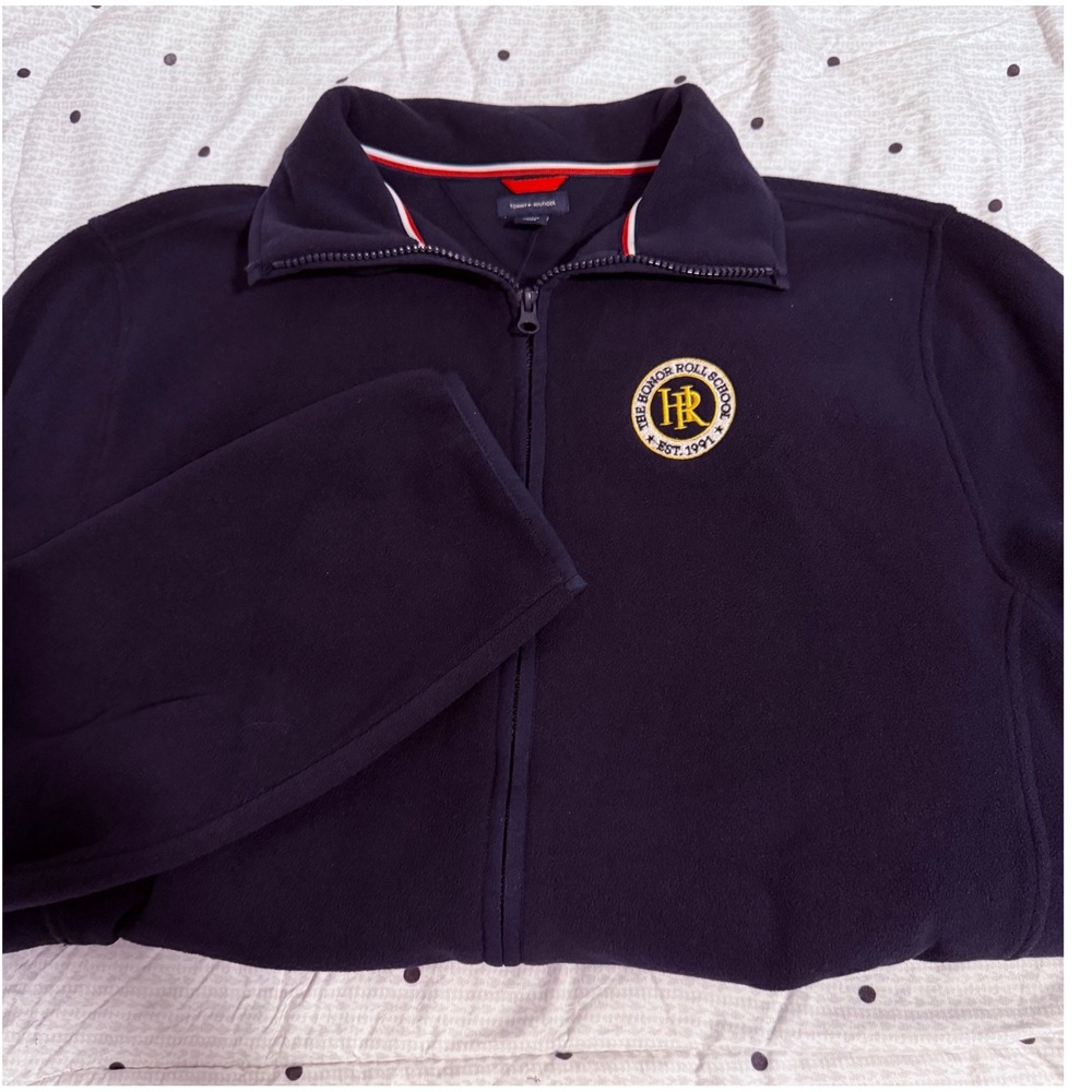 Tommy Hilfiger Mens‎ Fleece Jacket Navy Blue Full Zip Large Tall Honor Roll Logo